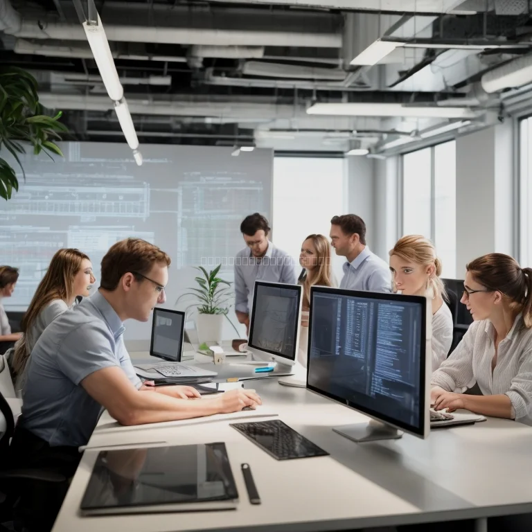 Business professionals collaborating on software development