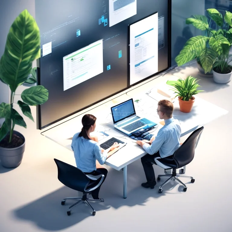 Team collaborating in software development office